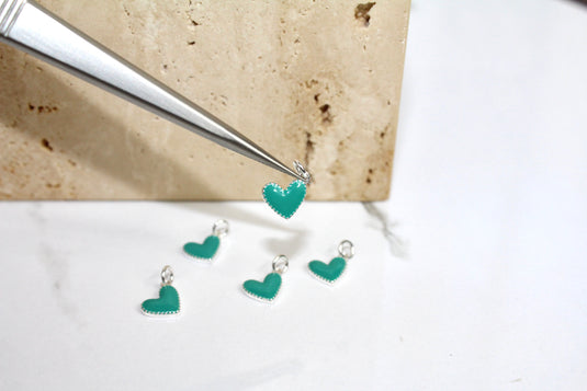 Teal Enamel Heart Charm - Sterling Silver