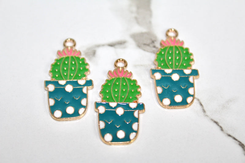 Load image into Gallery viewer, Polka Dot Planter Cactus Charm - Gold Plated
