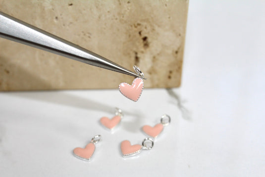 Pink Enamel Heart Charm - Sterling Silver