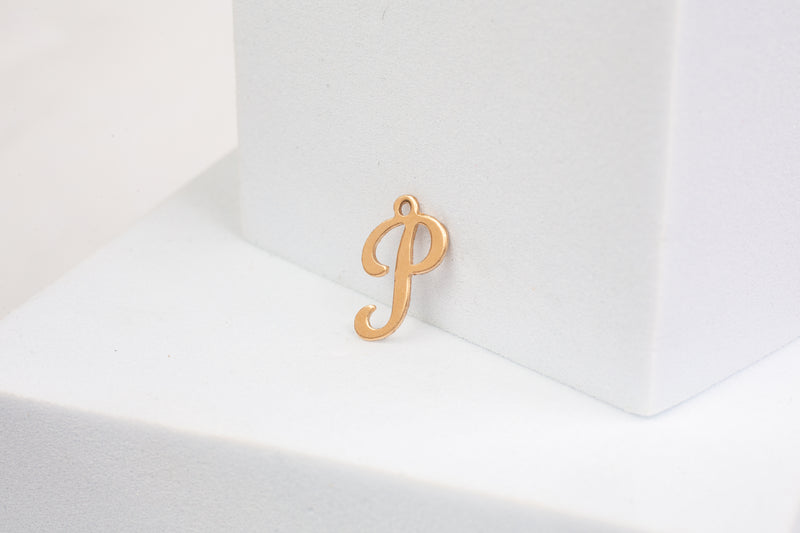 Load image into Gallery viewer, Yellow Gold  Letter P  Gold Filled  Cursive  charm permanent jewelry supplies
