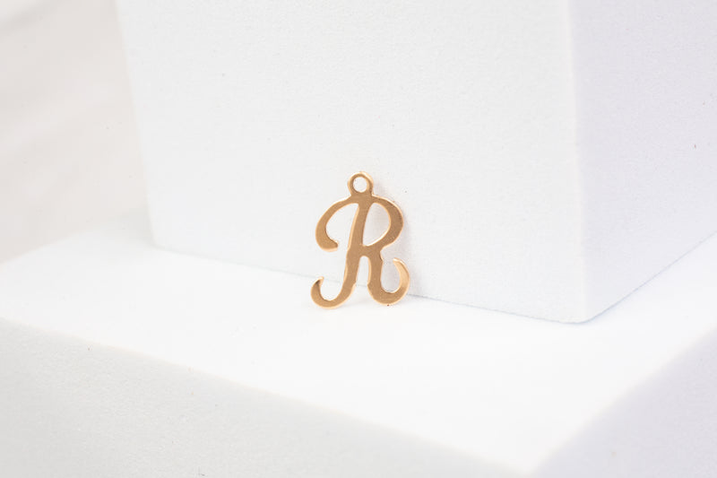 Load image into Gallery viewer, Yellow Gold  Letter R  Gold Filled  Cursive  charm permanent jewelry supplies
