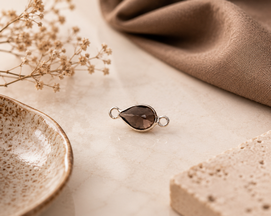 Pear Smoky Quartz Gemstone Charm - 14K Solid Gold (White)