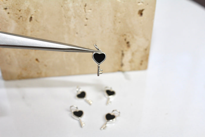 Black Enamel Heart Key Charm - Sterling Silver