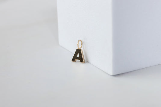 14K Gold Thick Block Style Letter Charm with Fixed Jump Ring - A