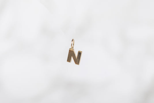 14K Gold Thick Block Style Letter Charm with Fixed Jump Ring - N