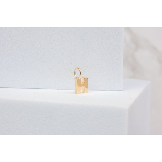14K Gold Thick Block Style Letter Charm with Fixed Jump Ring - H