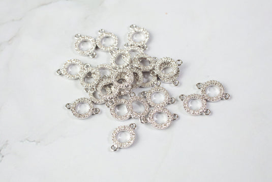 7mm White Diamonds on Front Only 14K Gold Pave Diamond 2 Ring Circle Loop Connector, Double Sided Diamonds