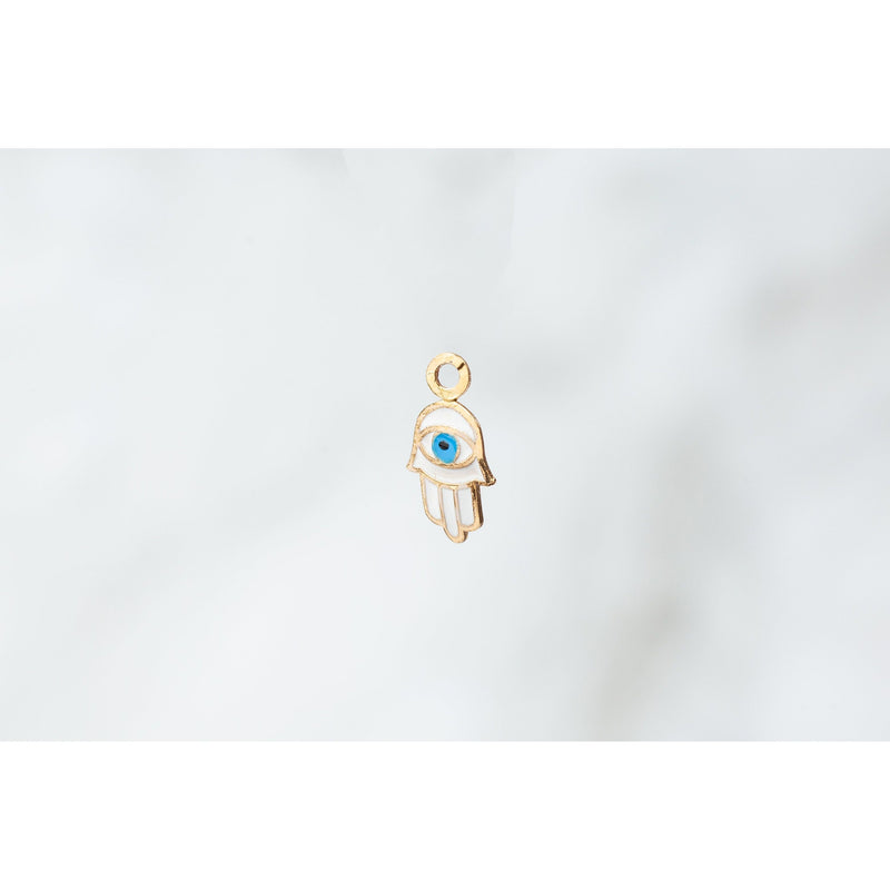 Load image into Gallery viewer, 8x6mm 14K Yellow Gold Hand/Eye Charm with White and Blue Enamel
