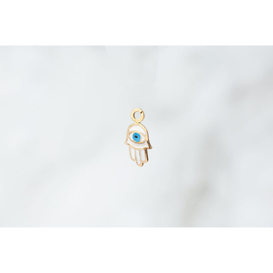 8x6mm 14K Yellow Gold Hand/Eye Charm with White and Blue Enamel