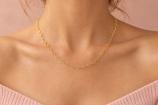 Love You More 14K gold filled heart link chain worn as a permanent necklace