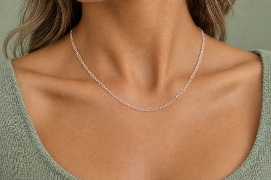 Luciana mixed metal chain, 14K gold filled textured paperclip and sterling silver links, worn as a permanent necklace
