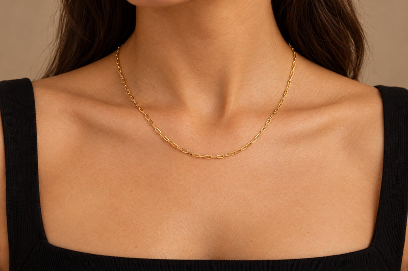 Load image into Gallery viewer, Monica 2.5mm gold PVD stainless steel paperclip chain worn as a permanent necklace
