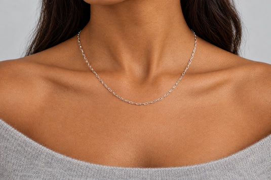 Penelope 2.5mm silver-tone stainless steel paperclip chain worn as a permanent necklace
