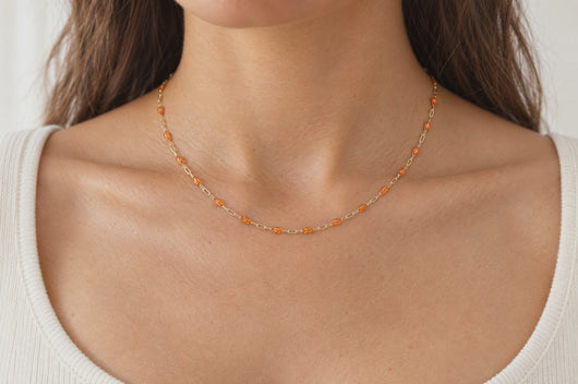 Harvest 14K gold filled paperclip chain with orange enamel stations, worn as a permanent necklace, video