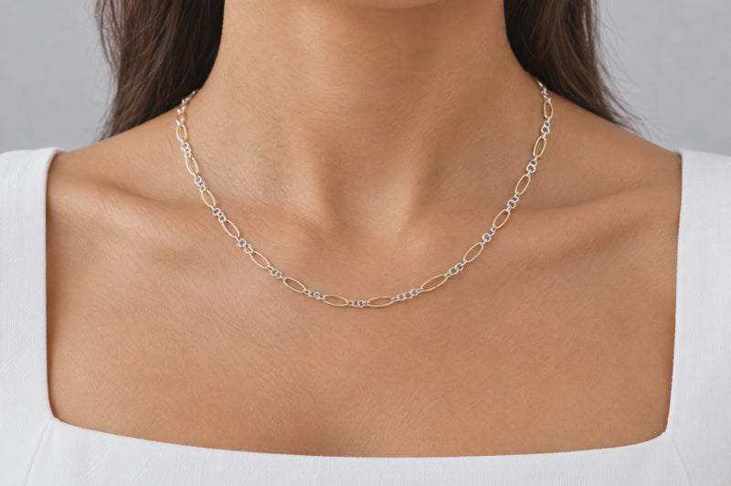 Load and play video in Gallery viewer, Adel mixed metal chain, 14K gold filled ovals and sterling silver links, worn as a permanent necklace, video
