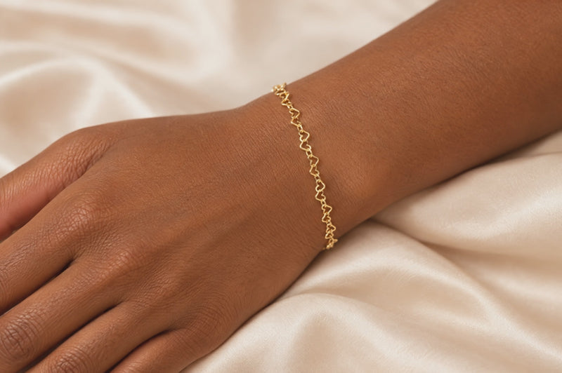 Load and play video in Gallery viewer, Love You More 14K gold filled heart link chain worn as a welded permanent bracelet, video
