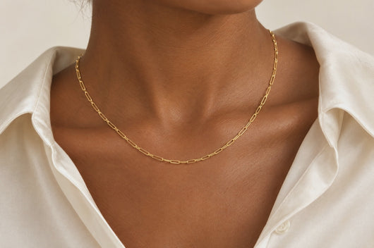 Sawyer 14K solid yellow gold 1.8 x 6mm paperclip chain worn as a permanent necklace, video