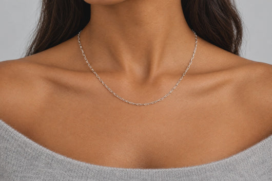 Penelope 2.5mm silver-tone stainless steel paperclip chain worn as a permanent necklace, video