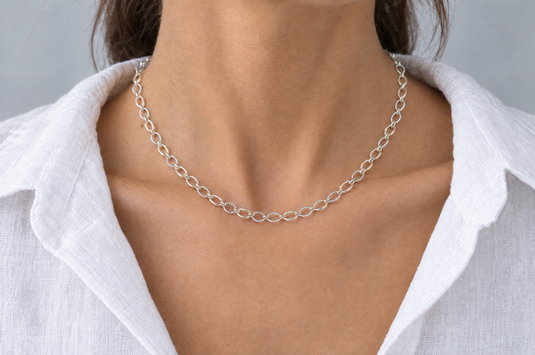 Tray mixed metal cable chain, 14K gold filled and twisted sterling silver links, worn as a permanent necklace